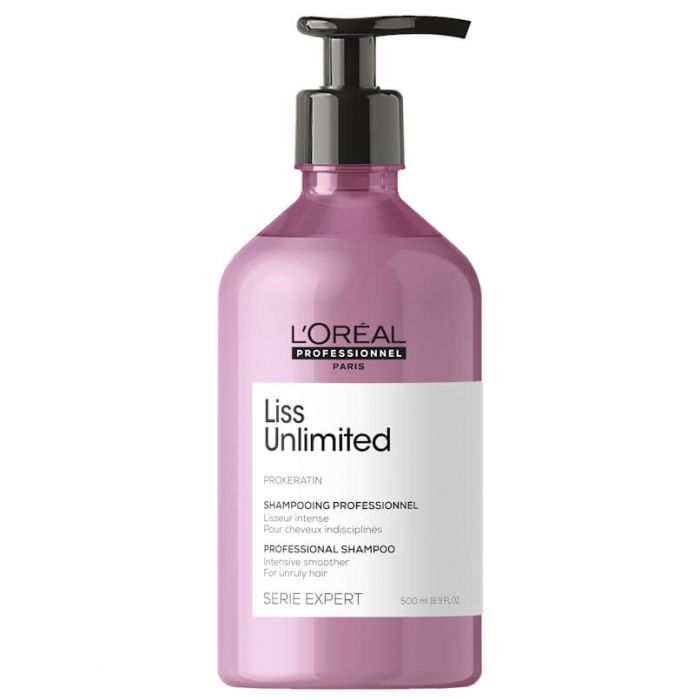 Loreal Shampoo Liss Unlimited 500ml Frasco rosa de champô L'Oréal Professionnel Liss Unlimited com tampa preta e etiqueta branca