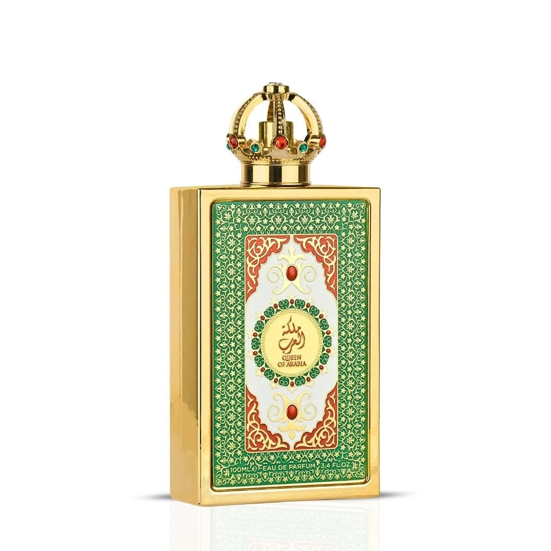 Queen Of Arabia Lattafa Perfumes Feminino 100ml Frasco de perfume dourado com padrão decorativo verde e tampa em forma de coroa
