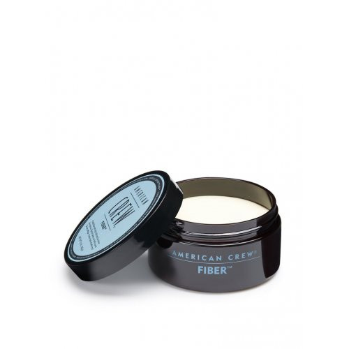 American Crew Men's Hair Fiber 3oz -High Hold Low Shine Pote preto de cera para cabelo American Crew Fiber com tampa aberta