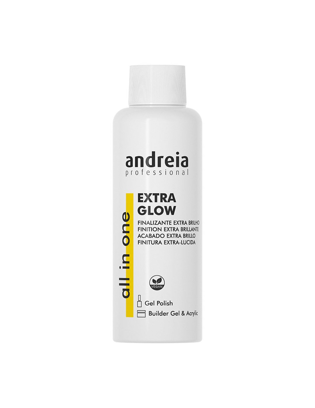 Extra Glow Finalizante 100ml - All In One Andreia Frasco branco de gel polish Andreia Extra Glow com texto preto e amarelo
