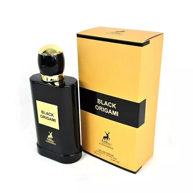Maison alhambra - Black Origami Unissex 100ml Frasco de perfume preto com tampa dourada e embalagem amarela com faixa preta