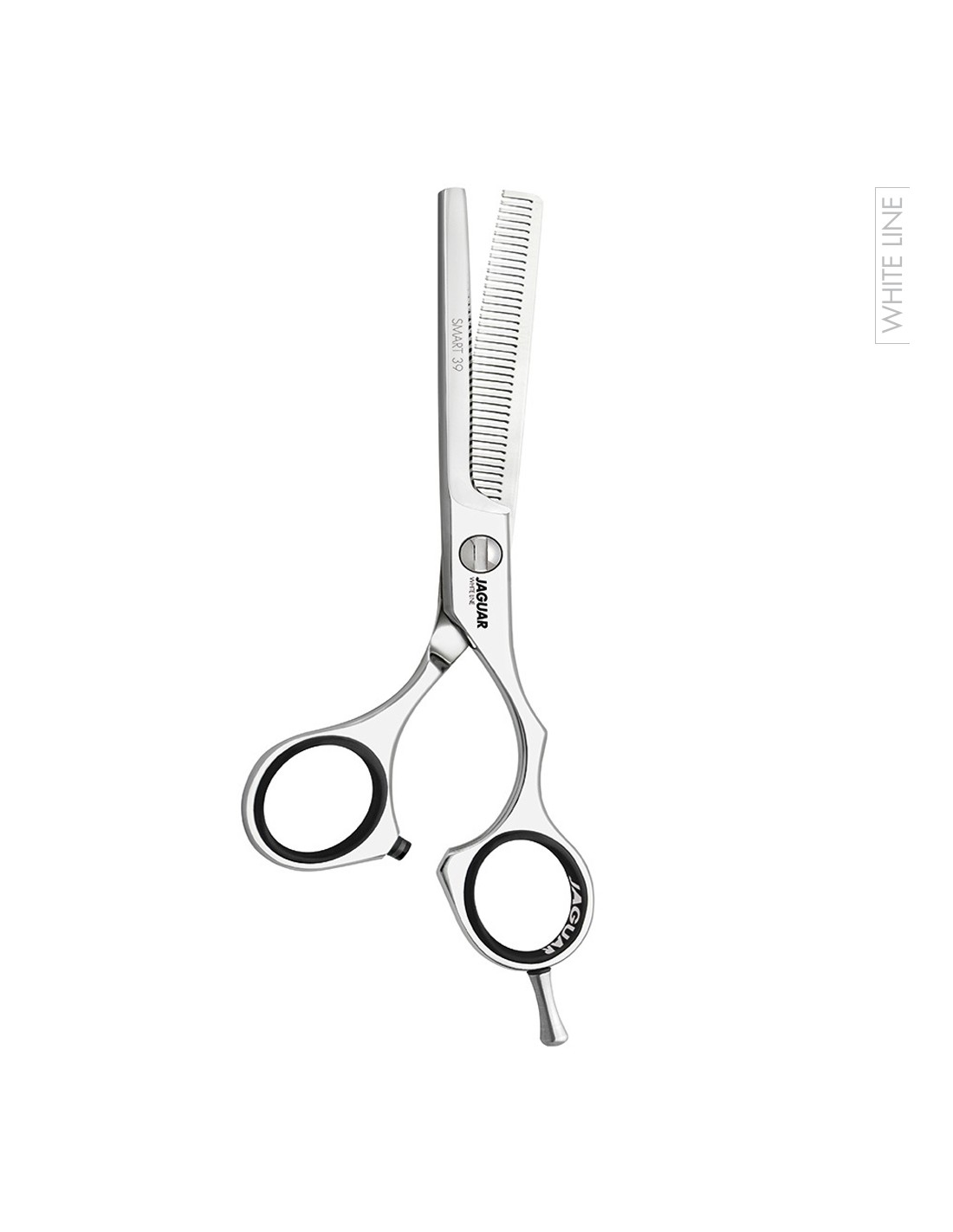 Jaguar Tesoura Desbaste Smart 39 White Line Tesoura de desbaste branca em metal prateado com alças pretas
