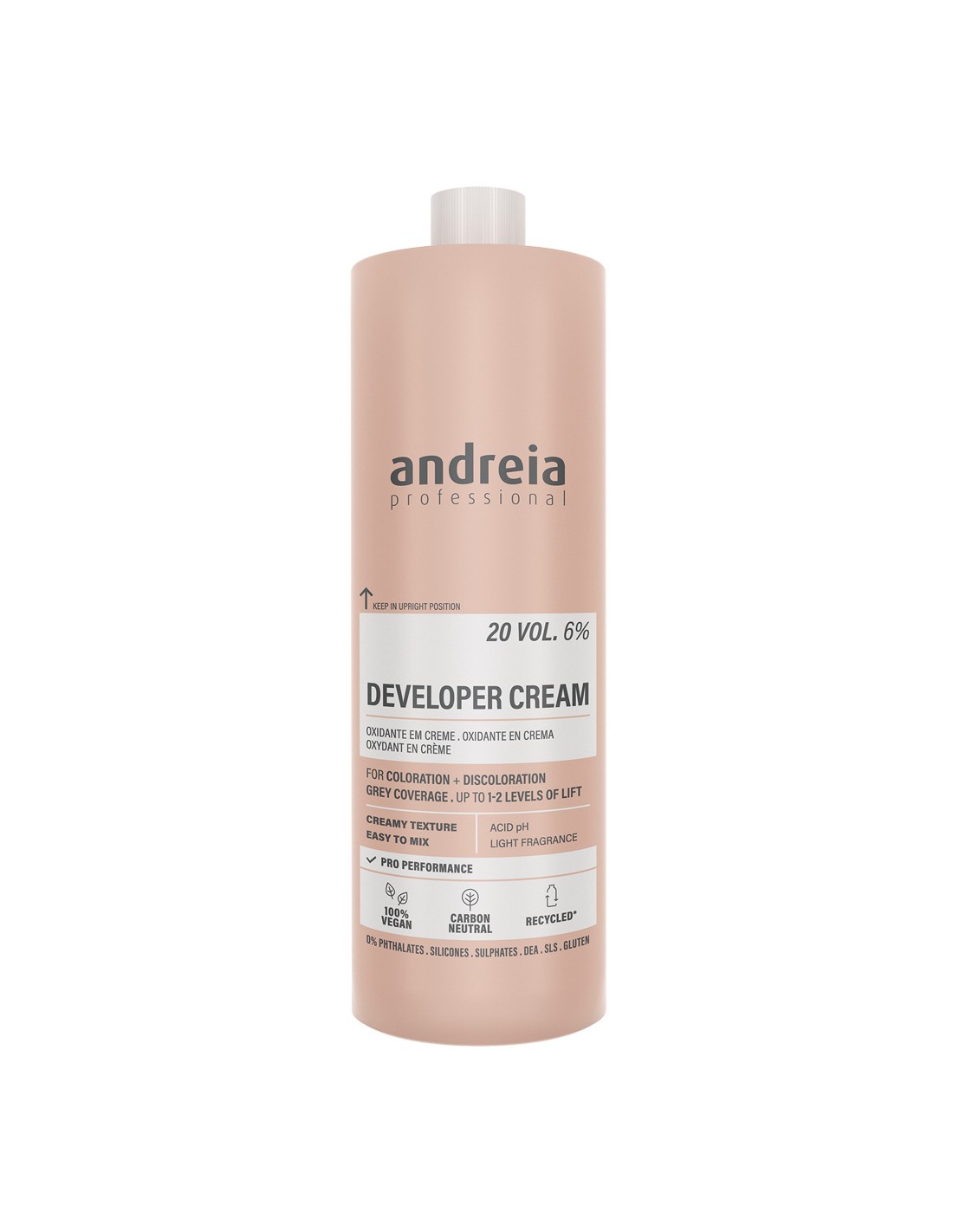 Oxidante Cabelo Developer 20 Vol. 6% 1L - Andreia Profissional Frasco de Developer Cream Andreia Professional em fundo branco