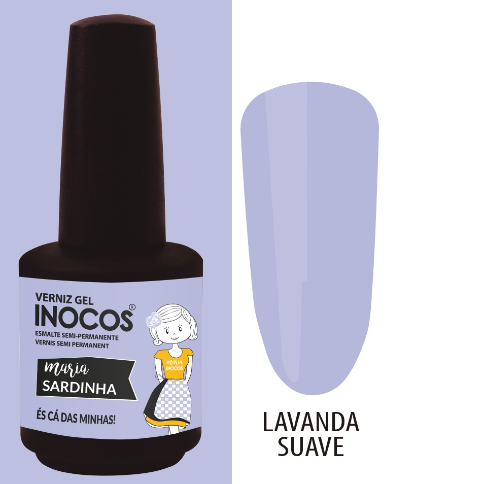 VERNIZ GEL INOCOS MARIA SARDINHA 15ML Frasco de verniz gel lilás suave Maria Sardinha da INOCOS com personagem desenhada