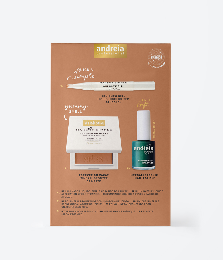 Andreia Makeup Kit Forever on Vacay Conjunto de maquilhagem Andreia com iluminador líquido, bronzer, verniz hipoalergénico e embalagem castanha