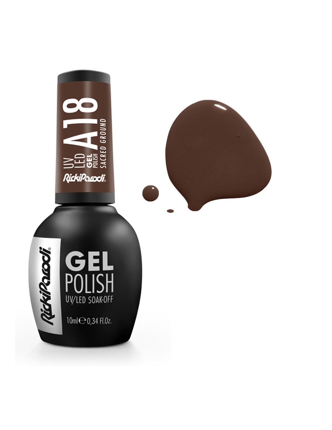 Verniz Gel A18 Sacred Ground - Winter Collection - Ricki Parodi Frasco de verniz em gel para unhas castanho RickiParodi com texto e manchas do produto.
