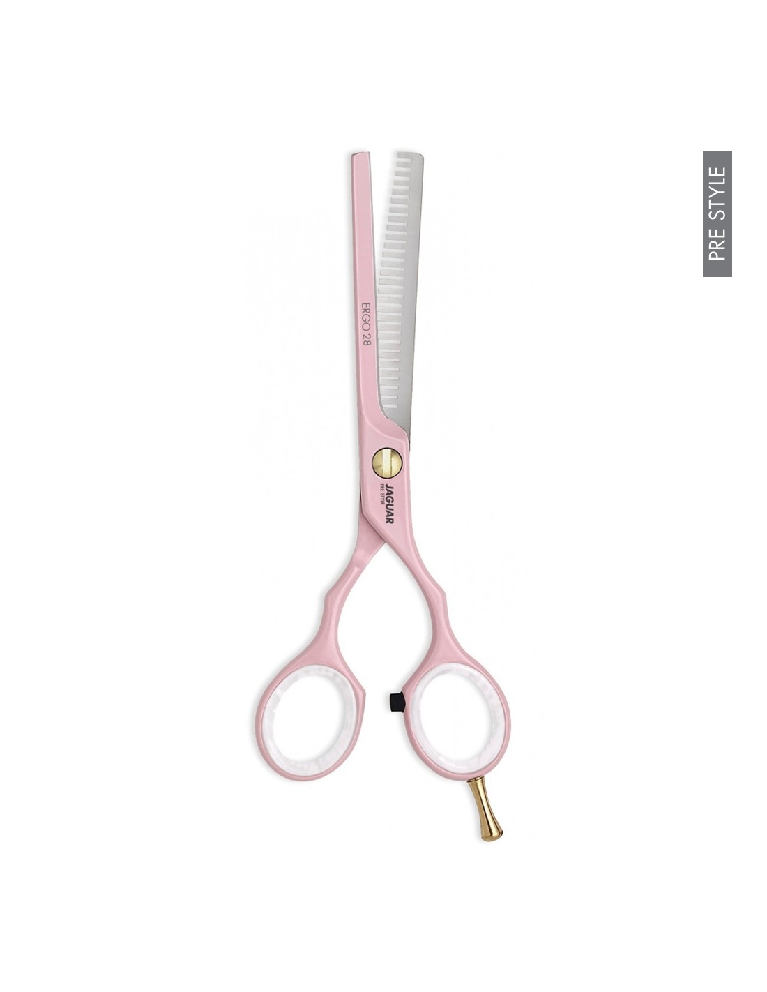 Jaguar Tesoura Desbaste Ergo 28 Pink - Pre Style Tesoura desfiadora rosa com detalhes dourados e texto