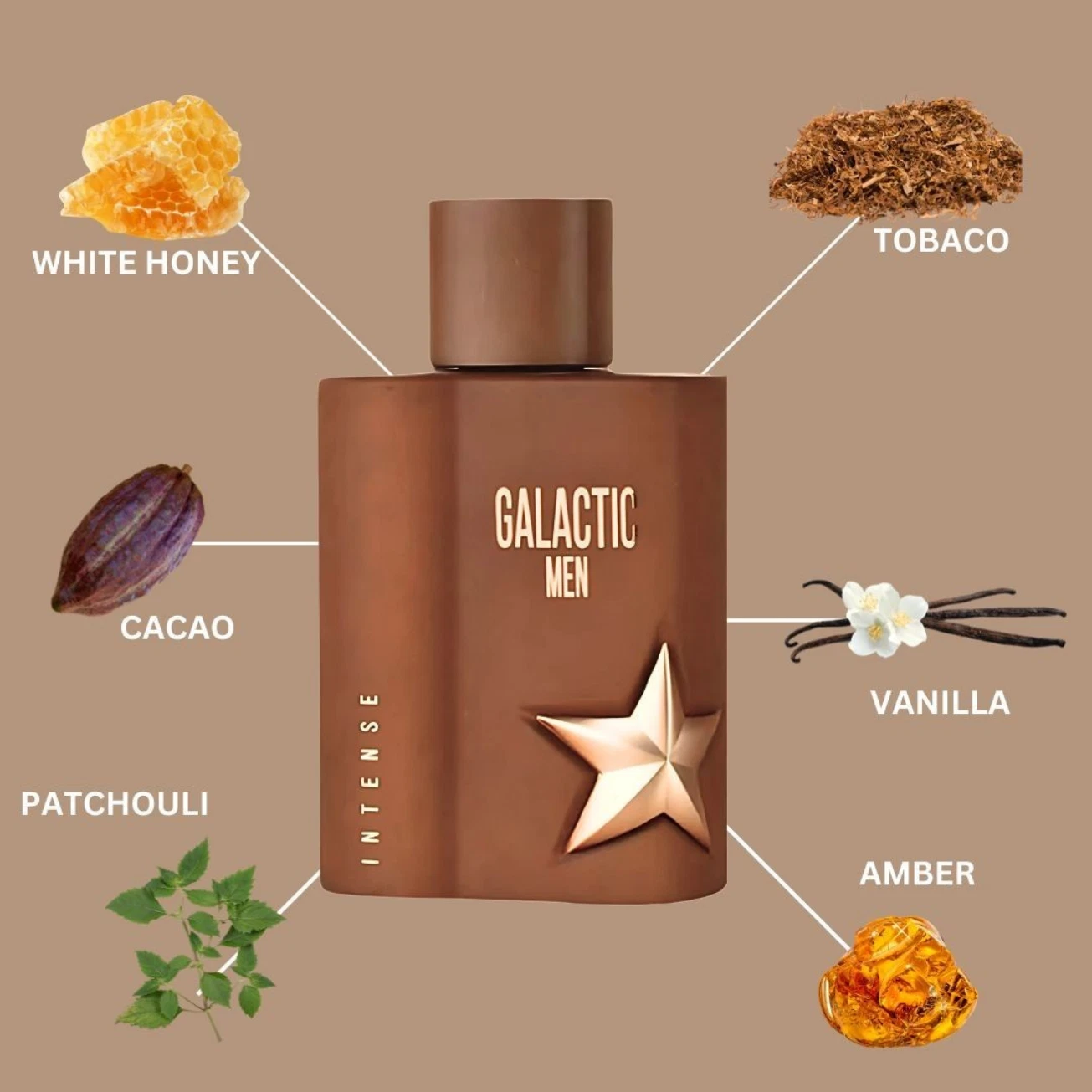 Maison Alhambra Galactic Men Intense Eau de Parfum 100ml Frasco de perfume castanho GALACTIC MEN com estrela e ingredientes ao redor