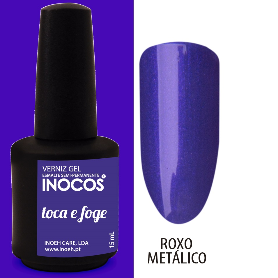 INOCOS VERNIZ GEL TOCA E FOGE 15ML Frasco de verniz gel Inocos roxo metálico com amostra de cor
