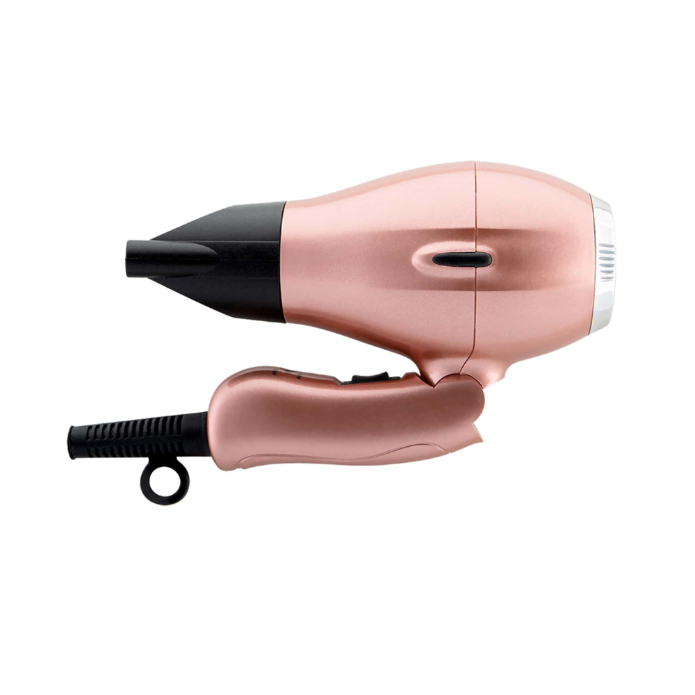Elchim Venetial Rose Gold Mini Secador de Cabelo Com Difusor Secador de cabelo portátil rosa metálico com apontador preto e cabo preto.