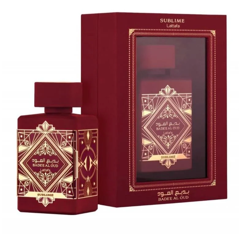 Lattafa Bade'e al Oud Sublime100ml (Original) Frasco e caixa de perfume vermelho escuro com detalhes dourados e texto
