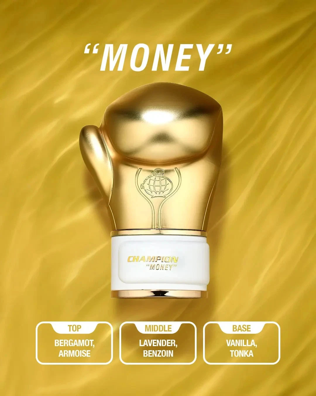 Champion Money Eau de Parfum 100ml - Fragrance World Frasco de perfume em forma de luva de boxe dourada com base branca e texto explicativo sobre notas olfativas.