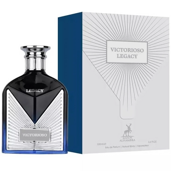 Maison Alhambra Victorioso Legacy Eau De Parfum 100ml Unisex Fragrance Frasco e caixa de perfume VICTORIOSO LEGACY em vidro degradê azul e preto com detalhes prateados