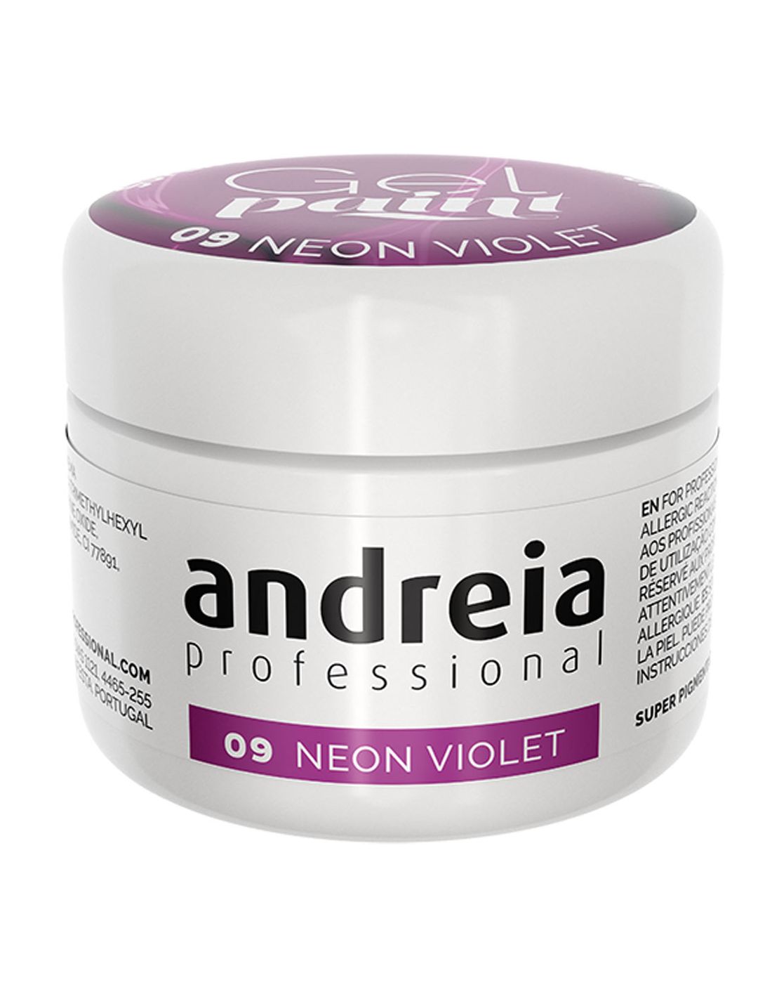 Gel Paint Neon Violet 09 - Andreia Professional Pote plástico branco com tampa roxa e rótulo Andreia Professional 09 Neon Violet