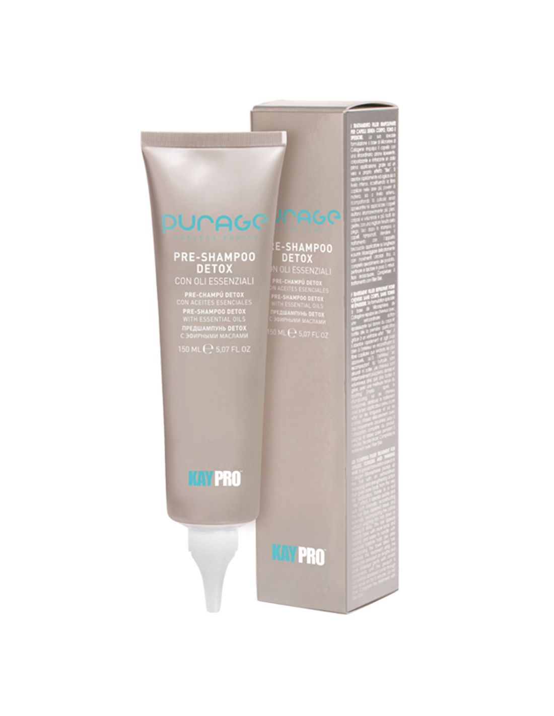 Pré Shampoo Detox 150ml - Purage - KayPro Produto Puragone Pre-Shampoo Detox Kay Pro com tubo e embalagem em bege-acinzentado