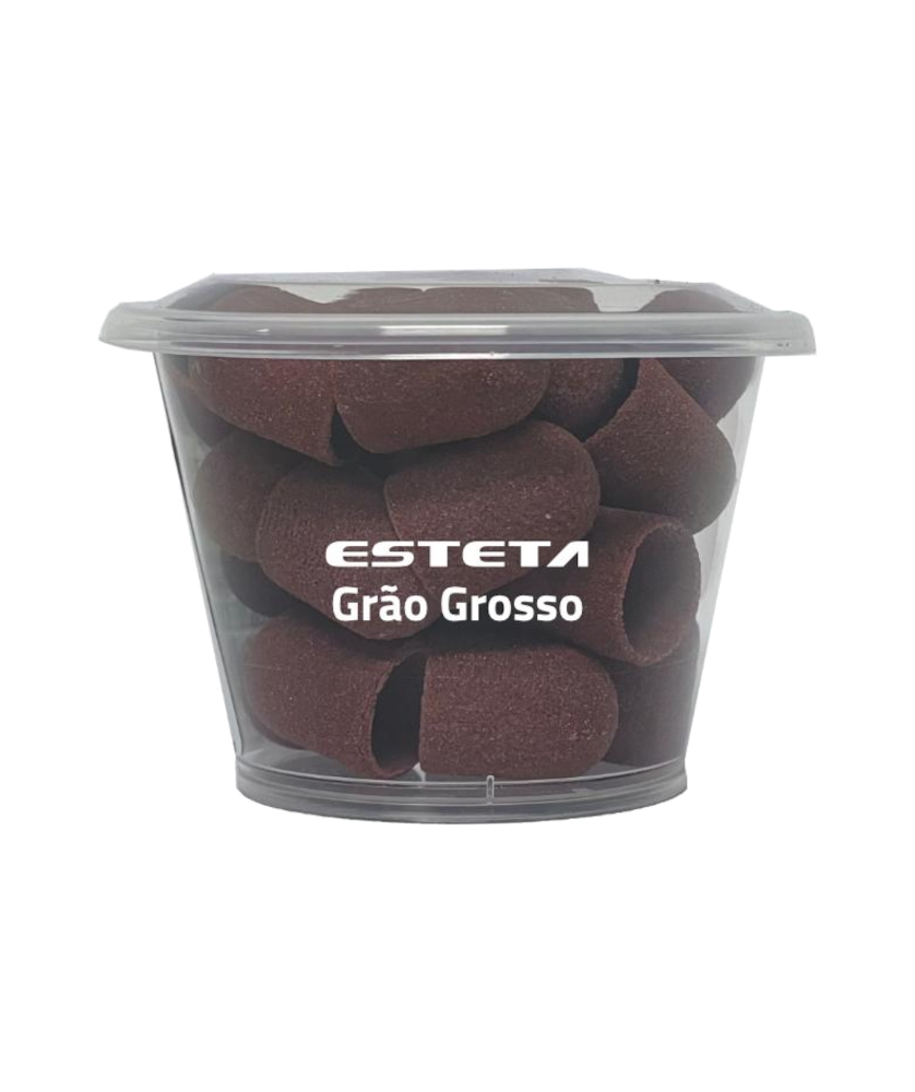 Capa Dedal Pedicure p/ Mandril 10 mm Grão Grosso 50 unidades Caixa transparente com capuzes abrasivos castanho escuro ESTETA Grão Grosso