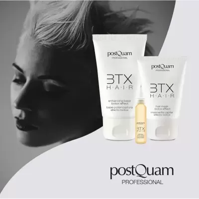 Produtos cosméticos postQuam PROFESSIONAL BTX HAIR em tubos e frasco sobre fundo cinzento com rosto feminino em preto e branco