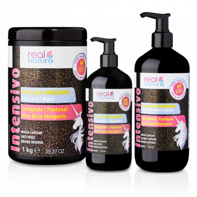 Conjunto de máscara, champô e condicionador para cabelo real natura Pro-Ácido UNICÓRNIO.