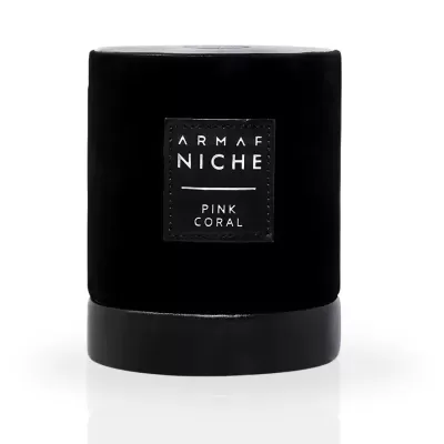 Frasco cilíndrico preto com etiqueta ARMAF NICHE PINK CORAL em fundo branco