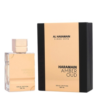 Frasco de perfume Al Haramain Amber Oud com embalagem dourada e preta