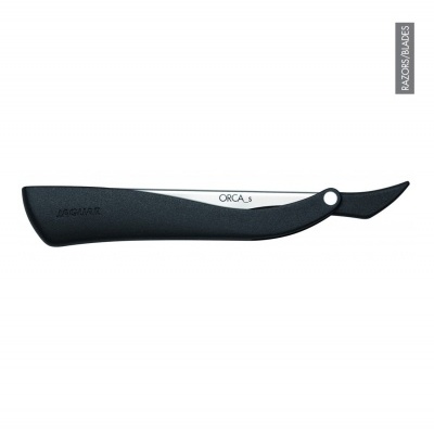 Navalhete de barbear preto com lâmina metálica e texto 'ORCA_s' e 'JAGUAR'