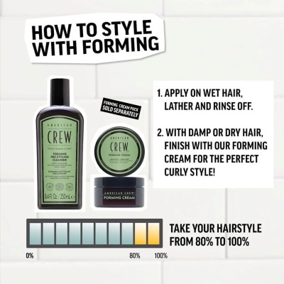 Produtos American Crew Forming Pre-Styling Cleanser e Forming Cream com instruções de uso e barra de progresso.