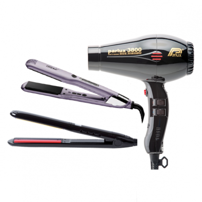 Secador de cabelo preto Parlux 3800 e duas pranchas de cabelo, uma roxa e outra preta, em fundo branco