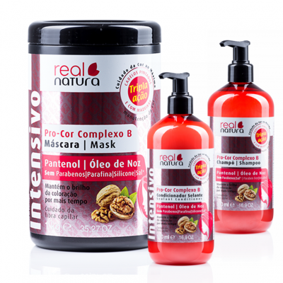 Máscara, condicionador e champô real natura com Pantenol e óleo de noz em embalagens vermelho e branco
