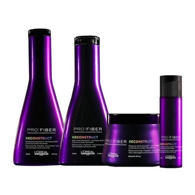 Conjunto de quatro produtos de beleza roxos metálicos da L'Oréal Pro Fiber Reconstruct