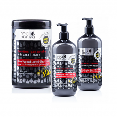 Produtos de cuidados capilares real natura para nutrição com óleo vegetal e rótulos preto, branco e vermelho