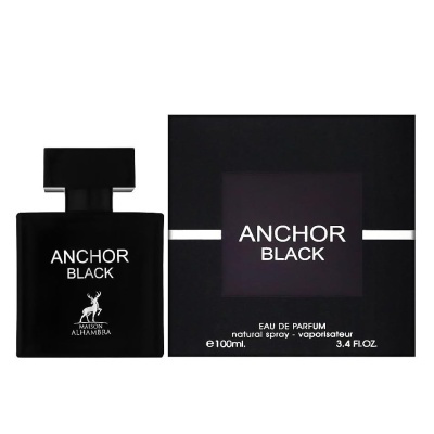 Frasco e caixa preta de perfume Anchor Black com texto branco