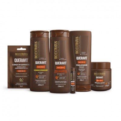 Produtos Bio Extratus Queravit em embalagens castanhas com texto branco e laranja