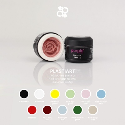 Frascos de plastilina para nail art Purple, aberto e fechado, com paleta de cores