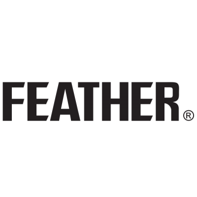 Logotipo preto com a palavra FEATHER e símbolo ® em fundo branco