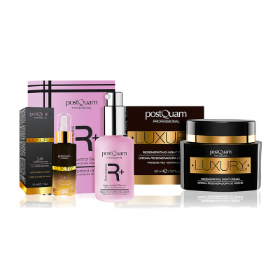 Produtos de cuidado da pele PostQuam Professional com embalagens em preto, dourado e rosa