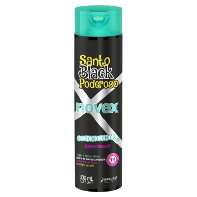Frasco preto de condicionador Novex Santo Black Poderoso com tampa azul