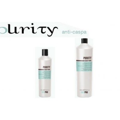 Dois frascos brancos do produto PURITY anti-caspa com tampas pretas e rótulos azuis