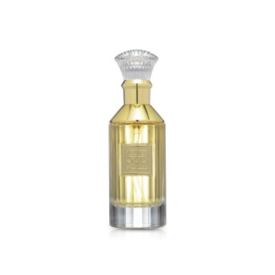 Frasco de perfume dourado com tampa facetada transparente