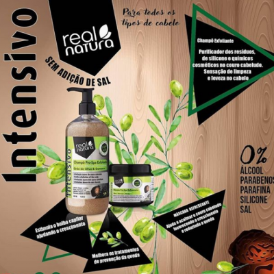 Produtos capilares Real Natura Intensivo sem adição de sal com texto explicativo e ilustração de plantas