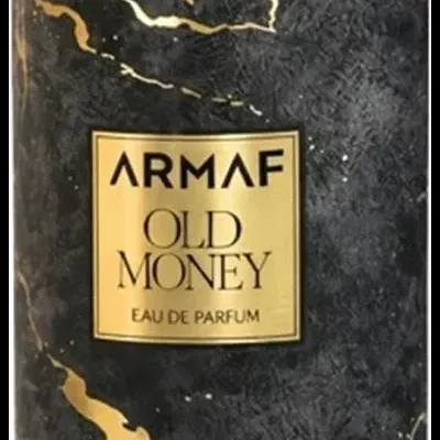 Embalagem cilíndrica preta com riscos dourados e etiqueta dourada com texto ARMAF OLD MONEY EAU DE PARFUM