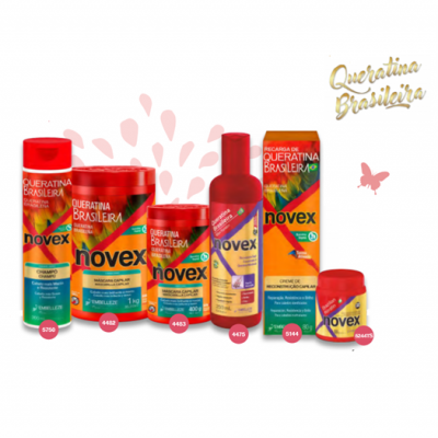 Produtos capilares Novex Queratina Brasileira em várias embalagens coloridas