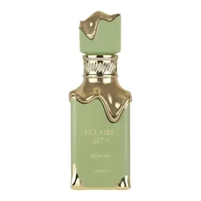 Frasco de perfume verde com detalhes dourados e texto ECLAIRE, PISTACHE, Lattafa