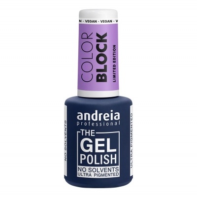 Frasco de verniz gel Andreia Professional azul escuro com tampa roxa e texto