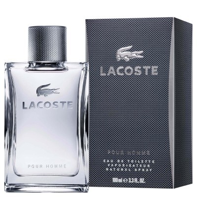 Perfume Lacoste Pour Homme em frasco de vidro e caixa cinza com padrão pontilhado