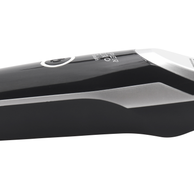 Aparador de cabelo elétrico preto e cinza com lâminas metálicas