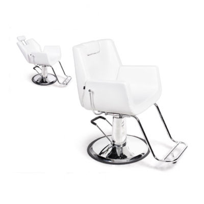 Duas cadeiras de cabeleireiro brancas em configuração sobre fundo branco