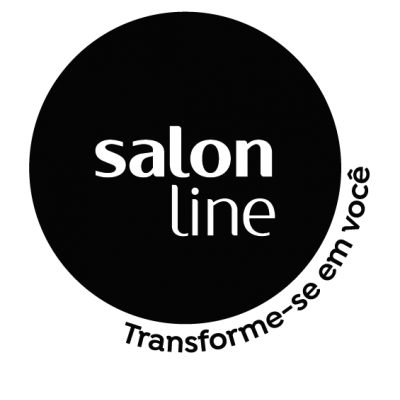 Logotipo preto com texto branco 'salon line' e frase 'Transforme-se em você' em cinza.