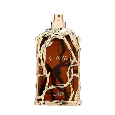 Frasco de perfume castanho com ornamentos dourados e texto GROW FRENCH AVENUE