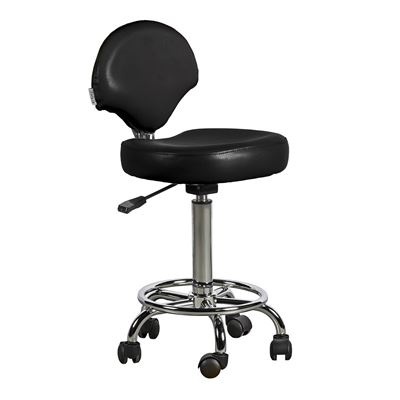 Cadeira giratória preta com base cromada e rodízios.