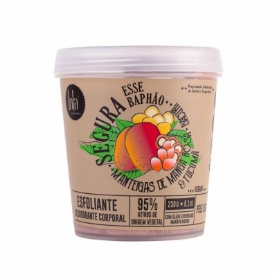 Frasco de esfoliante corporal com rótulo colorido e tampa branca